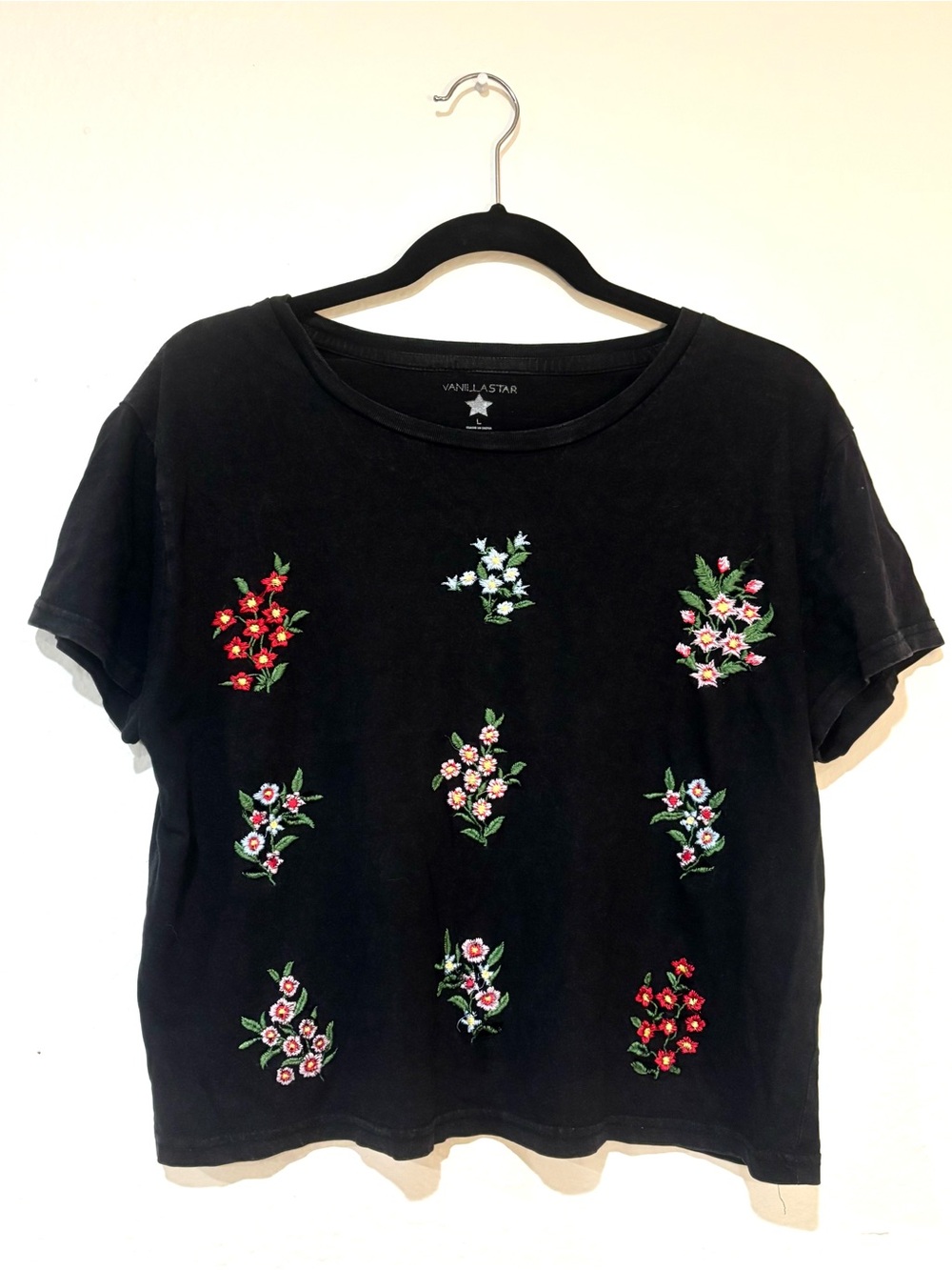 Vanilla Star Black Embroidered Floral Tee Large Cottagecore Y2K